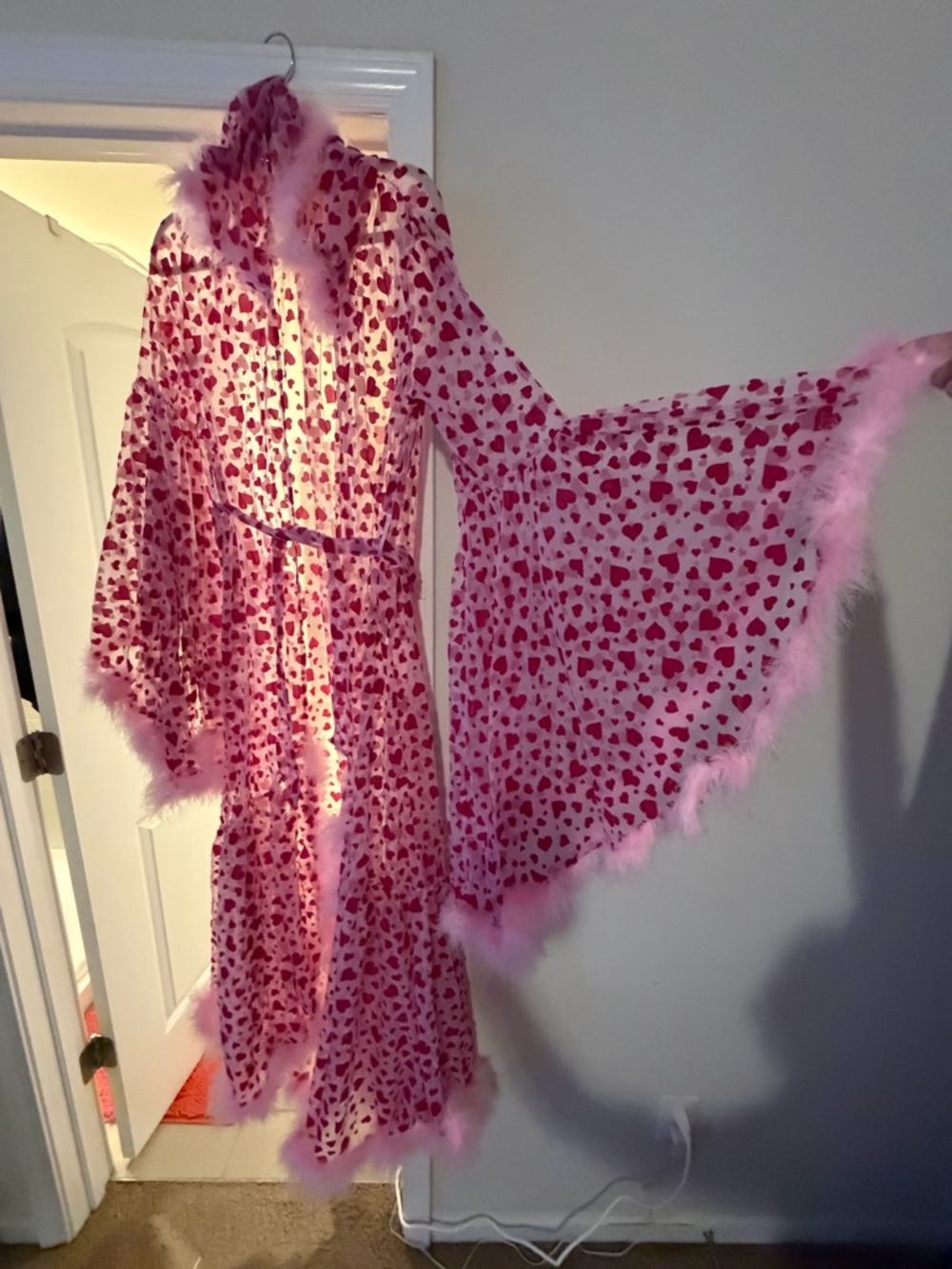 Pink Heart Print Feather Trim Robe - Picture 2 of 4
